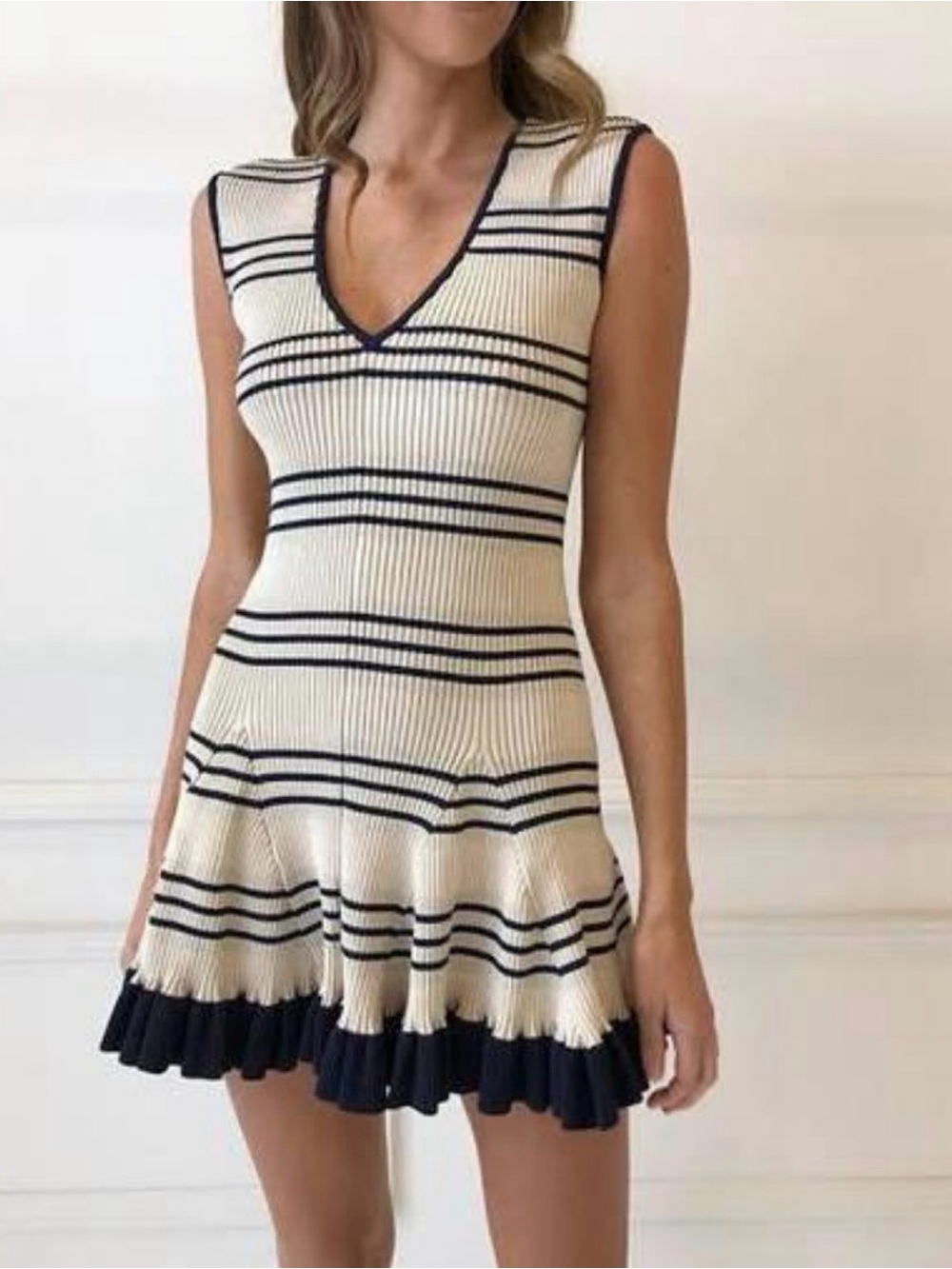 Alice McCall Cream and Black Striped V-Neck Knit Mini Dress